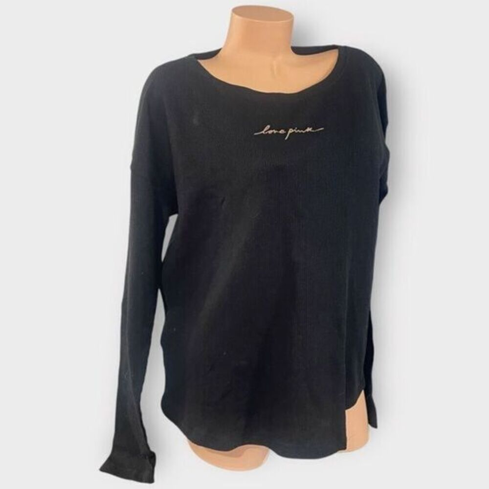 Victoria's Secret PINK Large Waffle Knit Top Black Embroidery